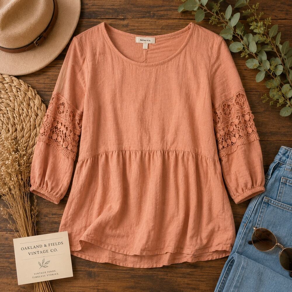 Hailey & Co. Dusty Rose Lace Sleeve Babydoll Blouse Top Women’s Large Boho